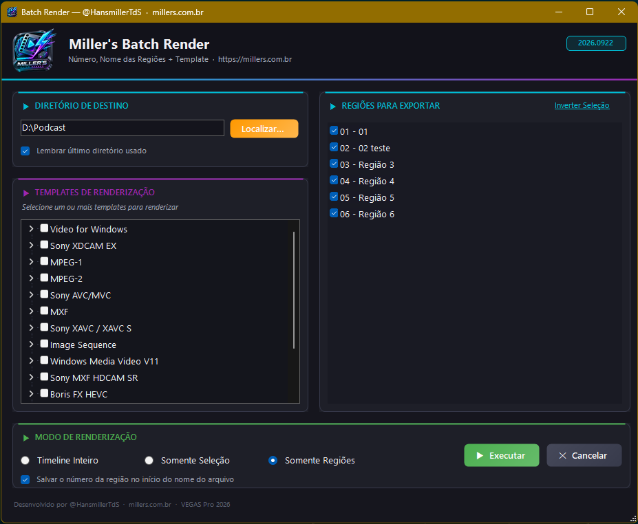 Screenshot do Miller's Batch Render rodando no VEGAS Pro 2026